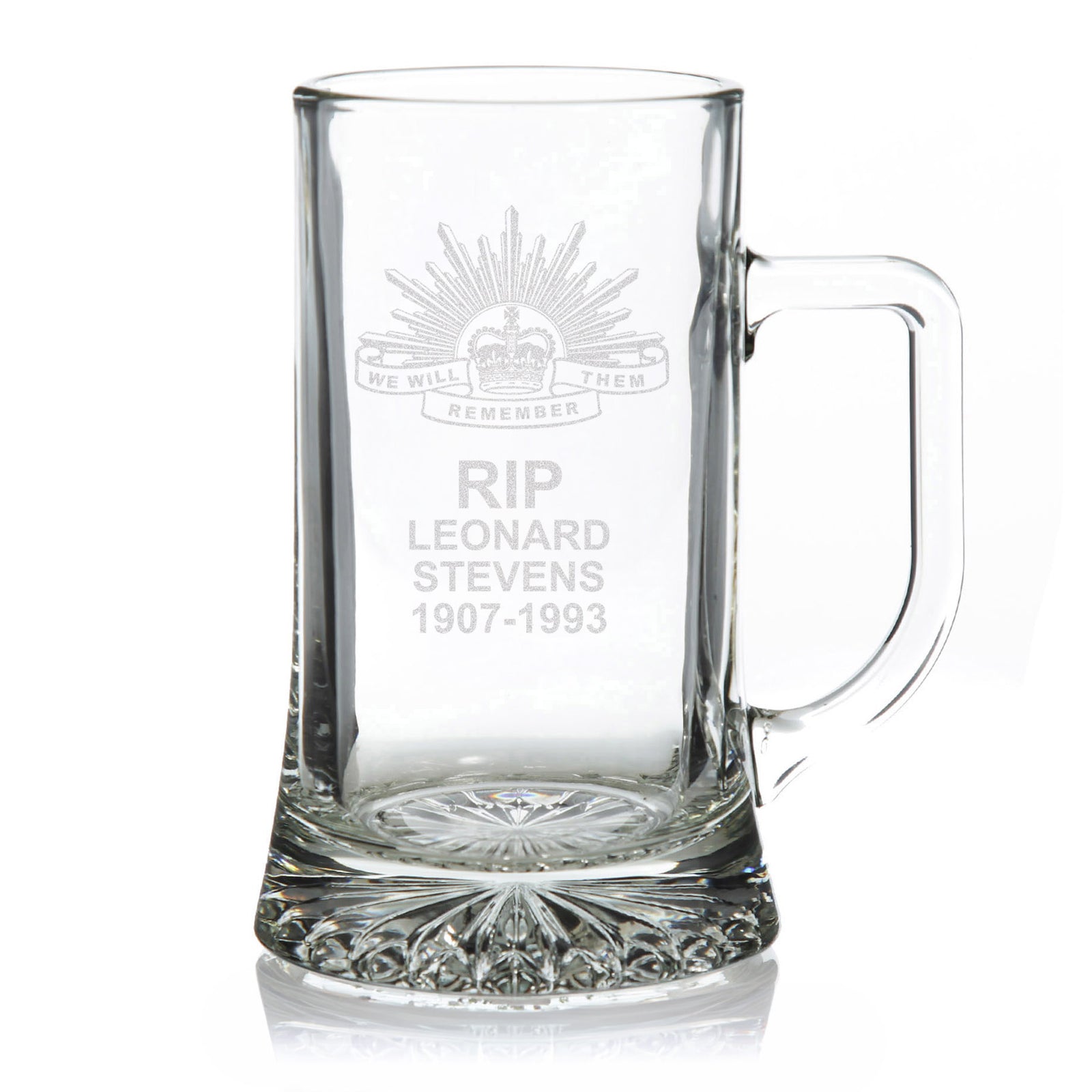 ANZAC Tribute Memorial We Will Remember Them Engraved Tankard Glass Stein