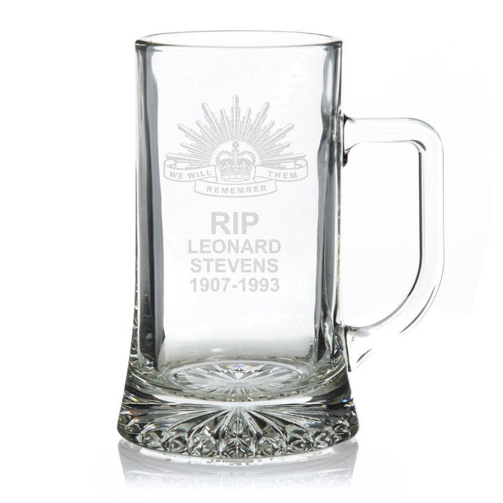 ANZAC Tribute Memorial We Will Remember Them Engraved Tankard Glass Stein