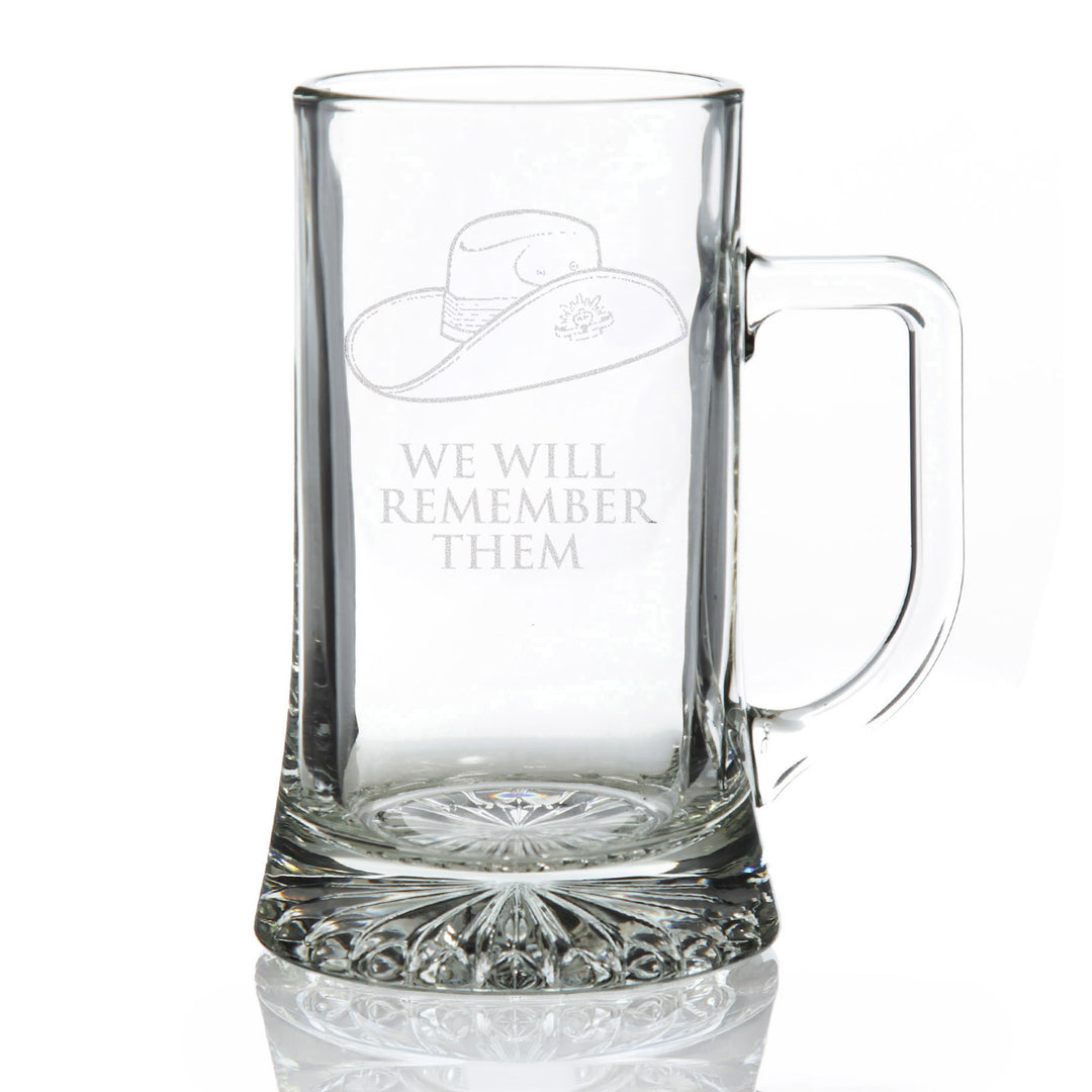 ANZAC Tribute Memorial Slouch Hat Engraved Tankard Glass Stein