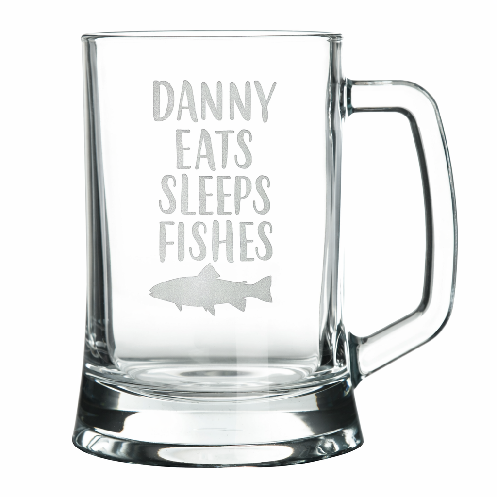 Personalised Eat Sleep Fish Tankard Glass Stein