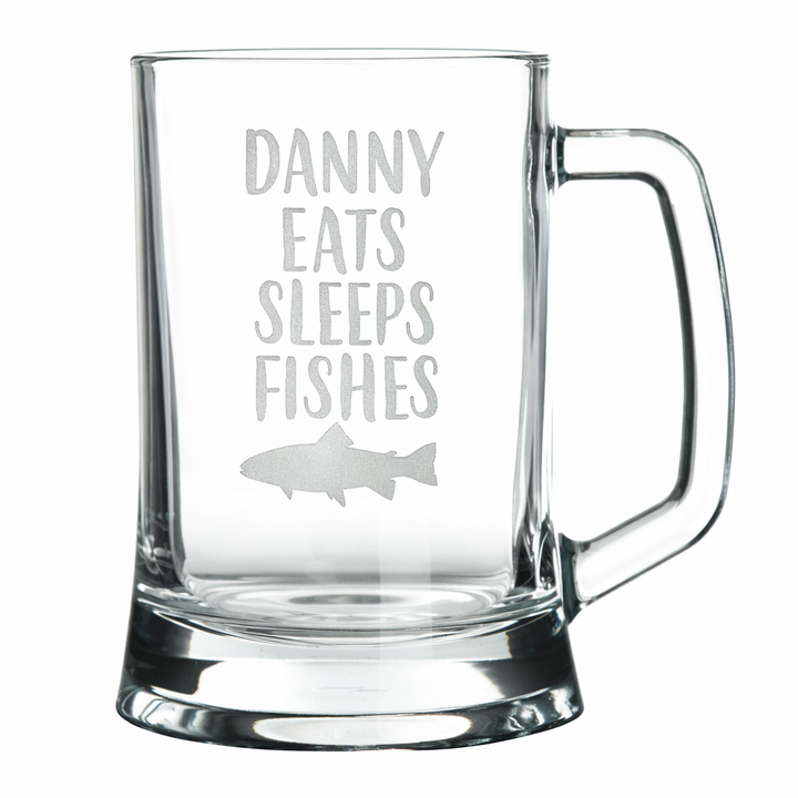 Personalised Eat Sleep Fish Tankard Glass Stein