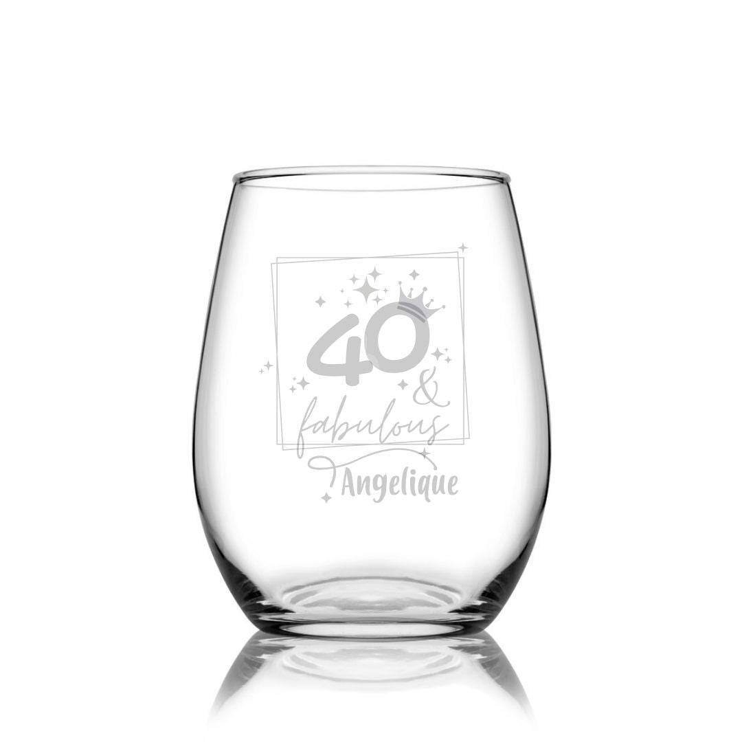 Personalised Any Age Birthday Stemless Wine Glass – Fun Design Laser Etched