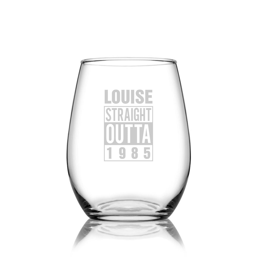 Personalised Any Age Birthday Stemless Wine Glass – Pop Culture Design Laser Etched