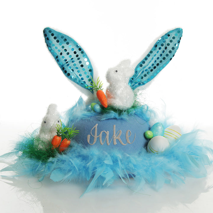 Personalised Blue Feather and Bunny Easter Hat