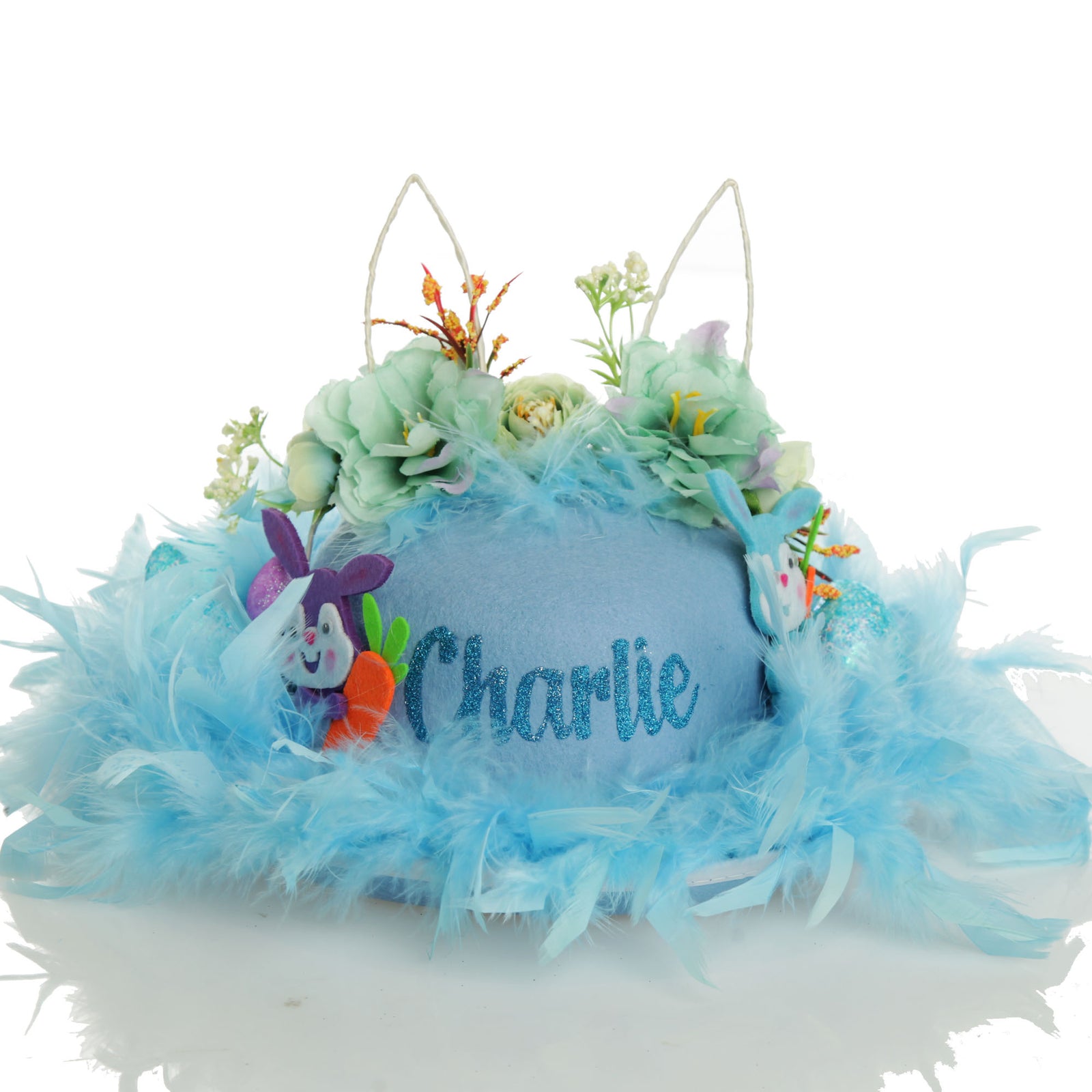 Personalised Blue Feather and Floral Easter Hat