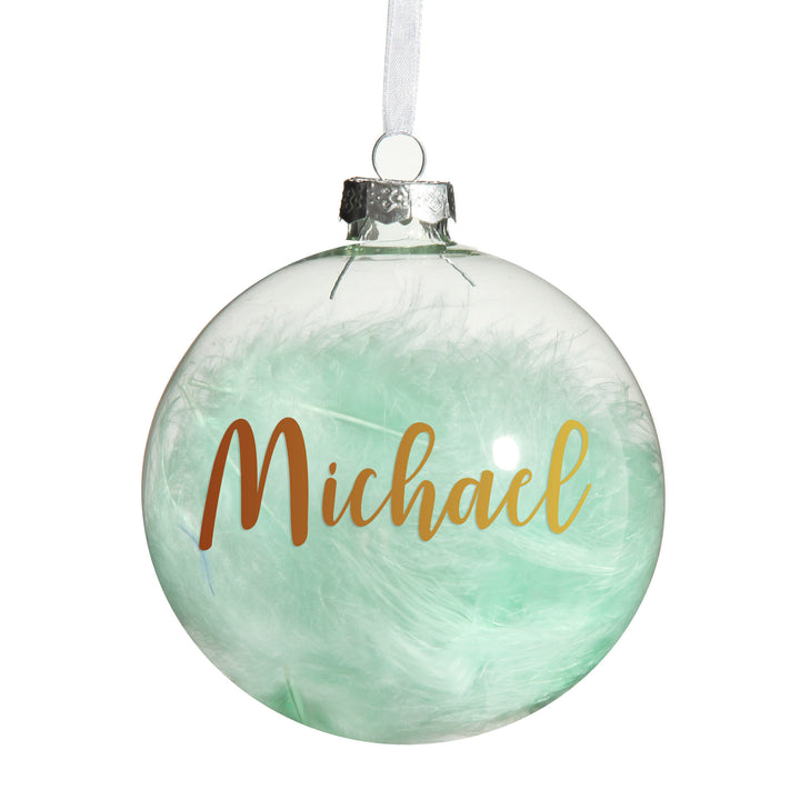 Personalised Blue Feather Clear Glass Christmas Bauble