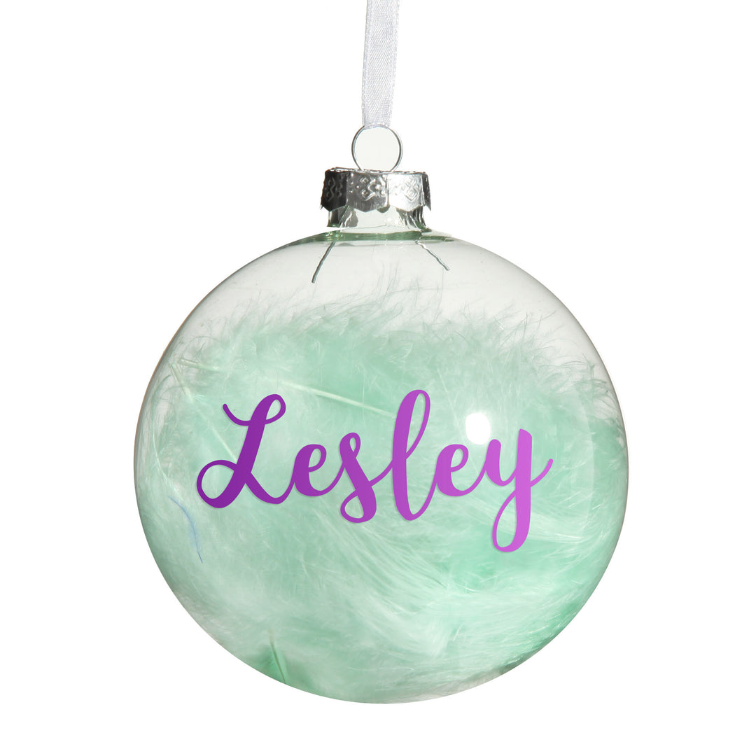 Personalised Blue Feather Clear Glass Christmas Bauble