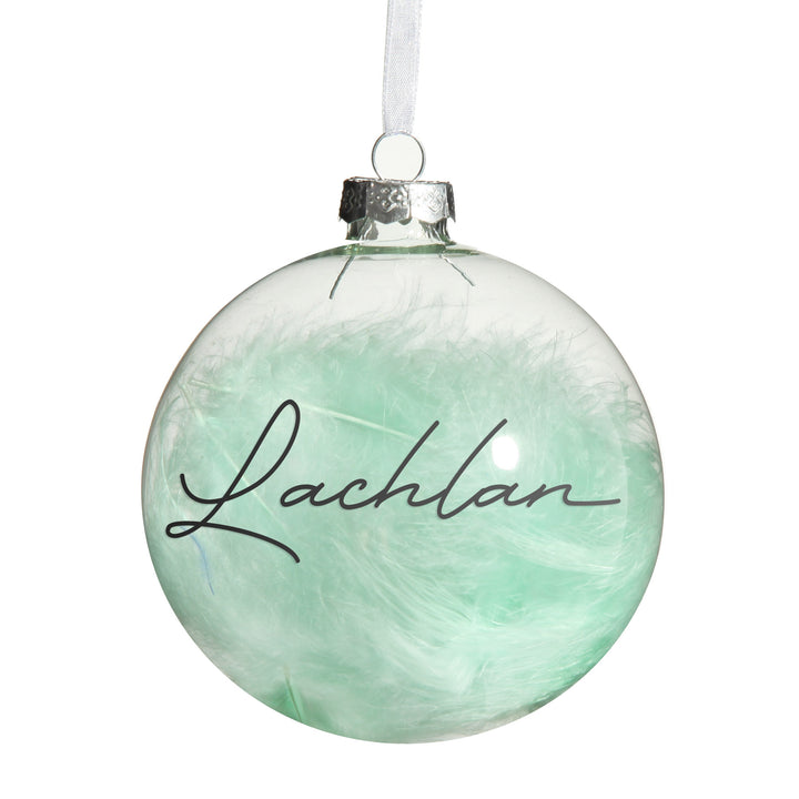 Personalised Blue Feather Clear Glass Christmas Bauble