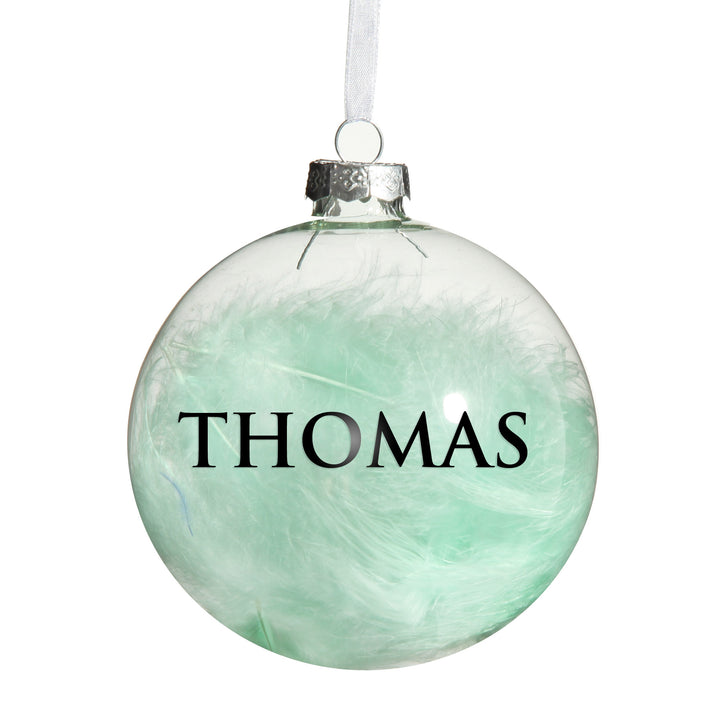 Personalised Blue Feather Clear Glass Christmas Bauble