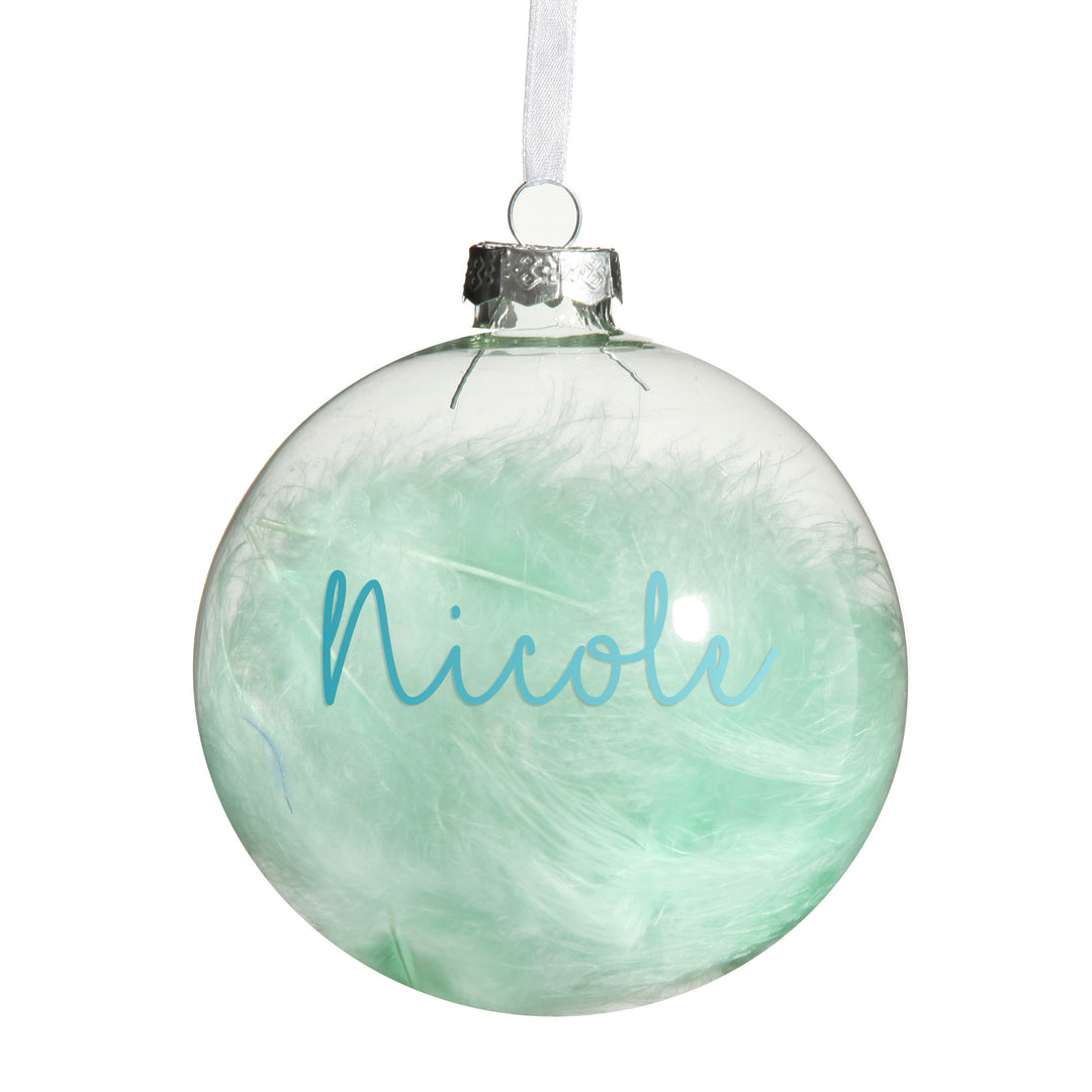 Personalised Blue Feather Clear Glass Christmas Bauble