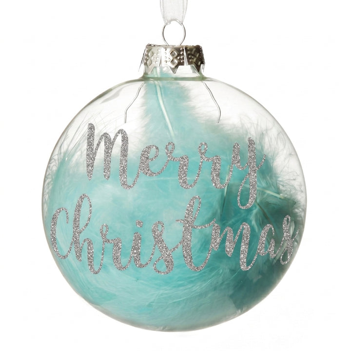 Personalised Blue Feather Clear Glass Christmas Bauble