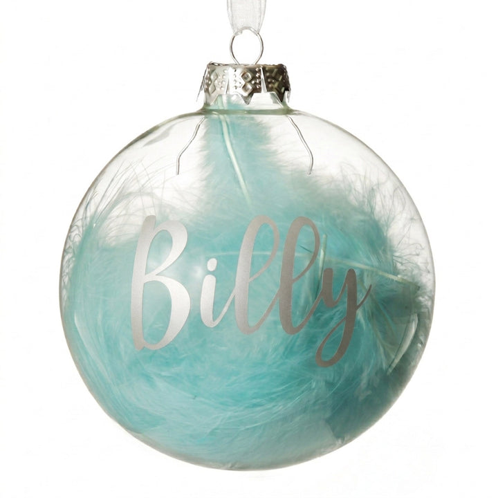 Personalised Blue Feather Clear Glass Christmas Bauble