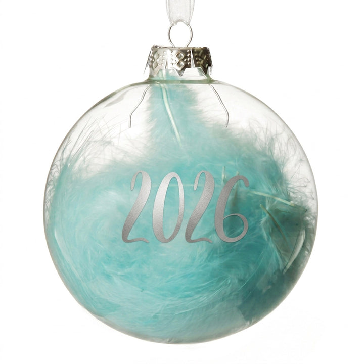 Personalised Blue Feather Clear Glass Christmas Bauble
