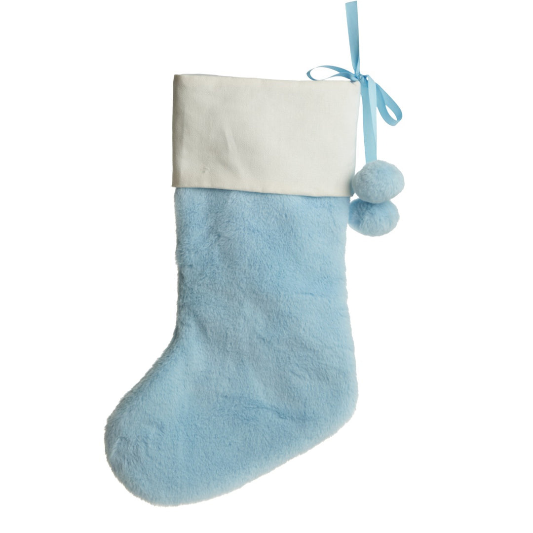Personalised Blue Fur Christmas Stocking with Pom Poms - back detail