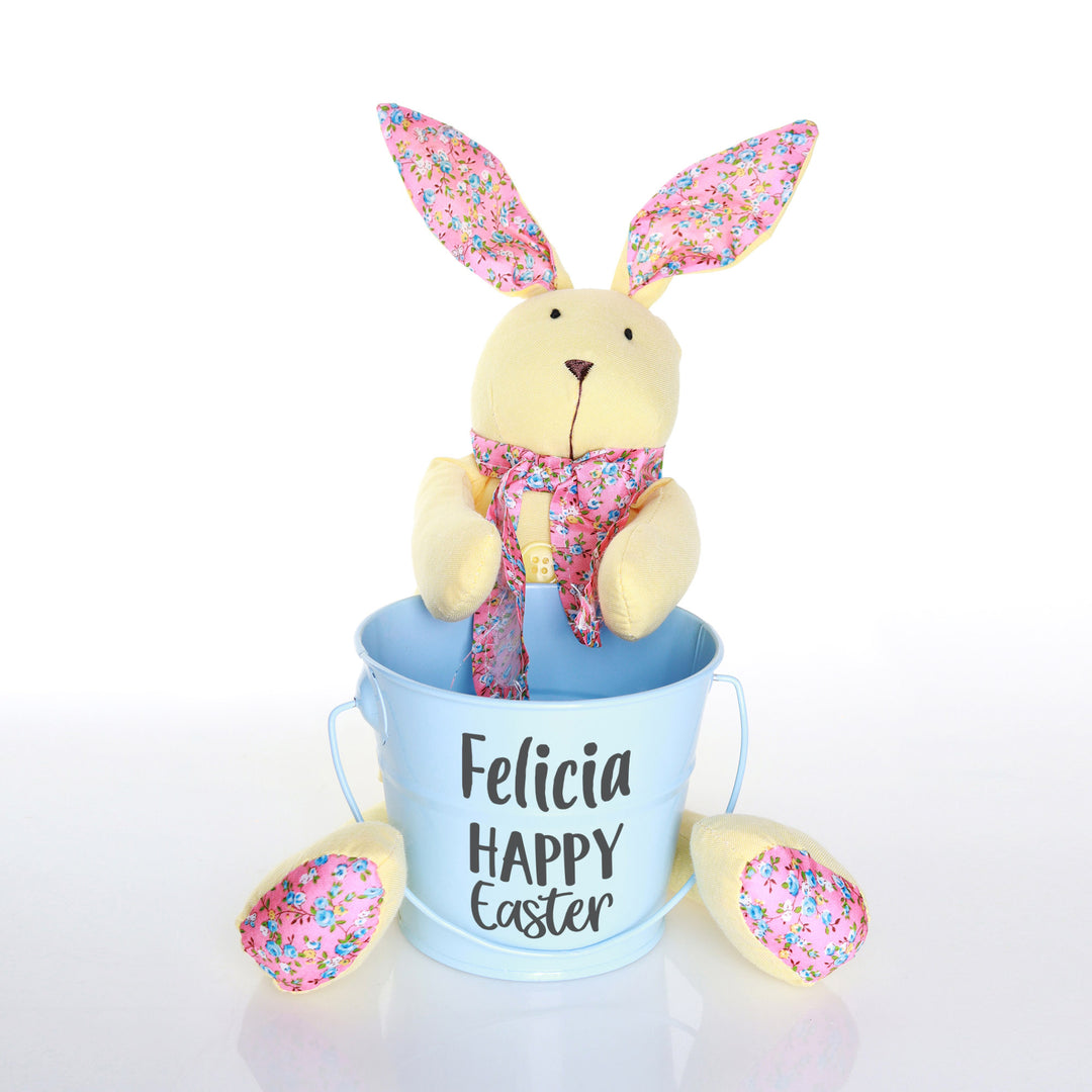 Personalised Blue Happy Easter Bucket with Yellow Calico Bunny Gift Pack