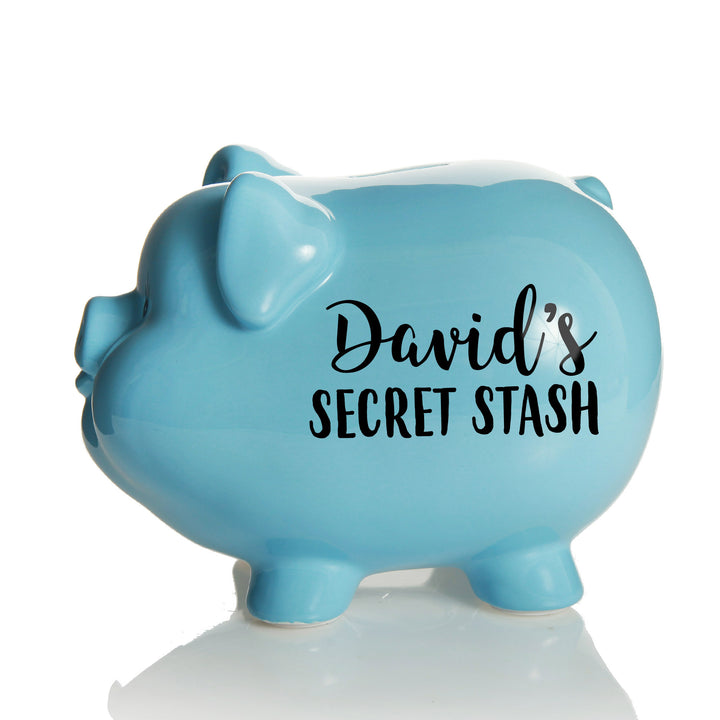 Personalised Blue Piggy Bank - Style 2 in Black