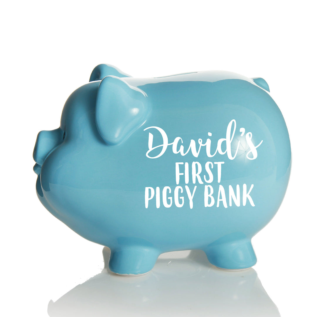 Personalised Blue Piggy Bank - Style 1 in White