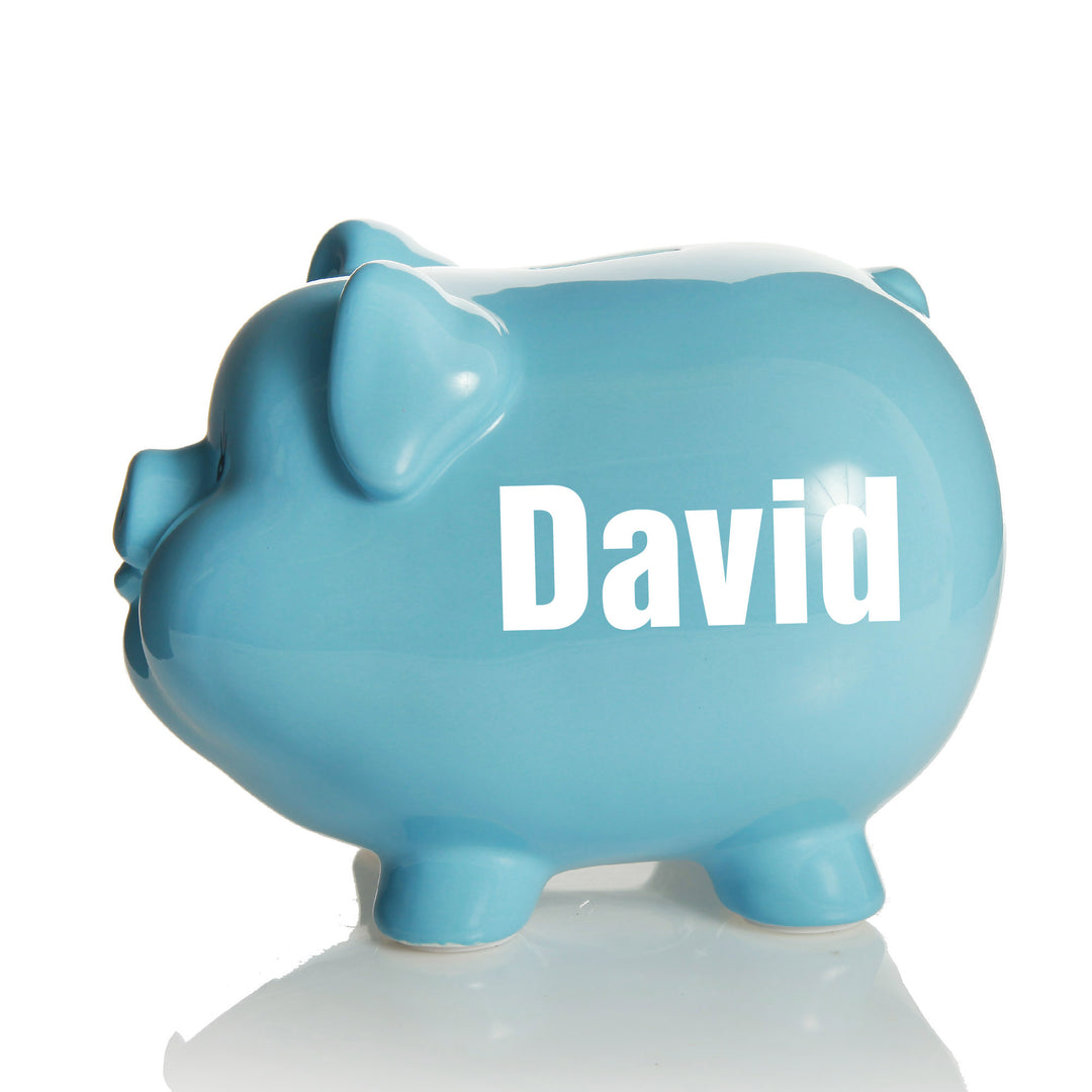 Personalised Blue Piggy Bank - Style 2 in White
