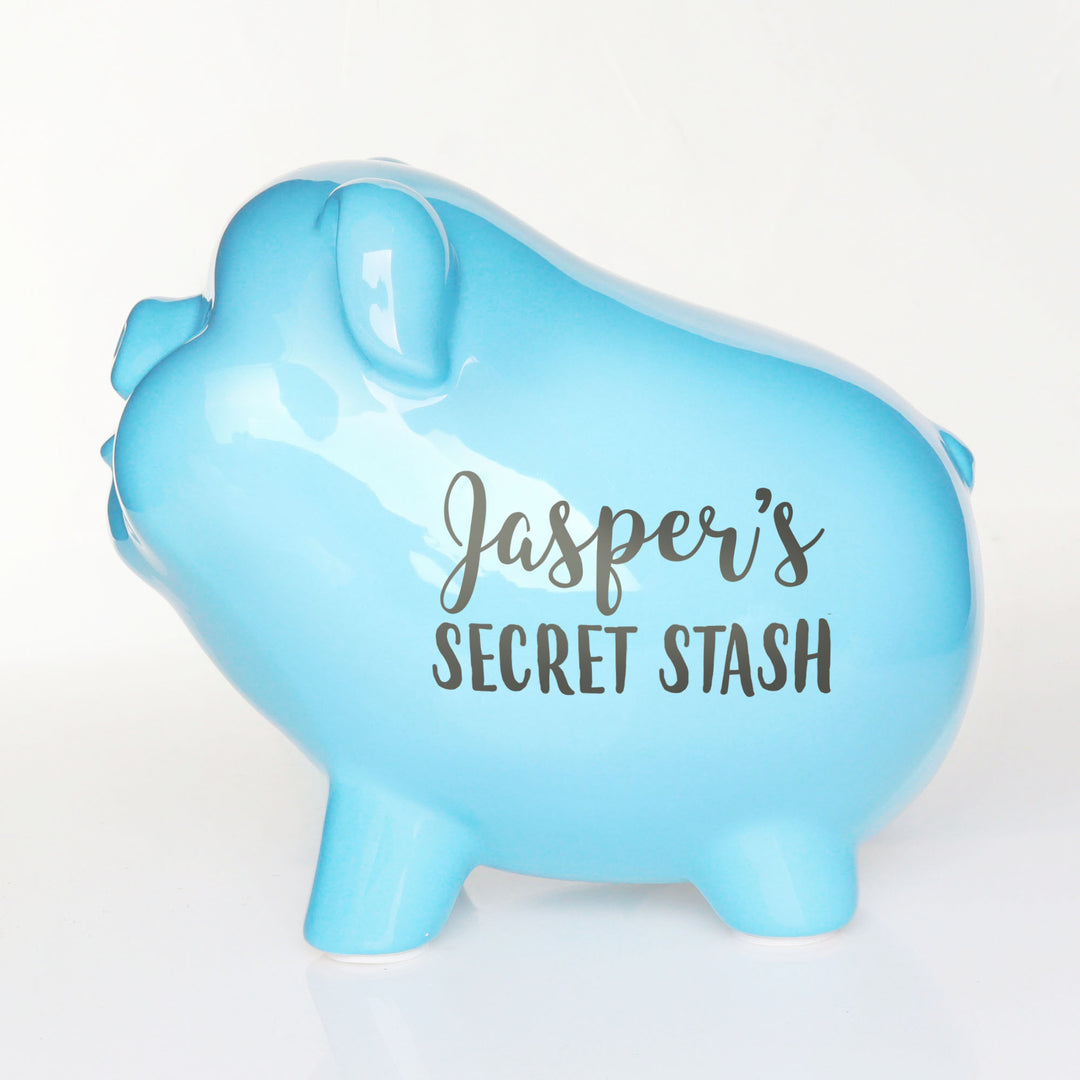 Personalised Blue Sitting Piggy Bank