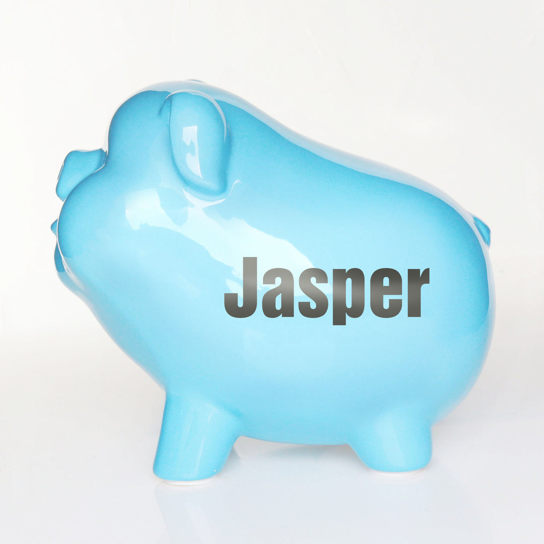 Personalised Blue Sitting Piggy Bank