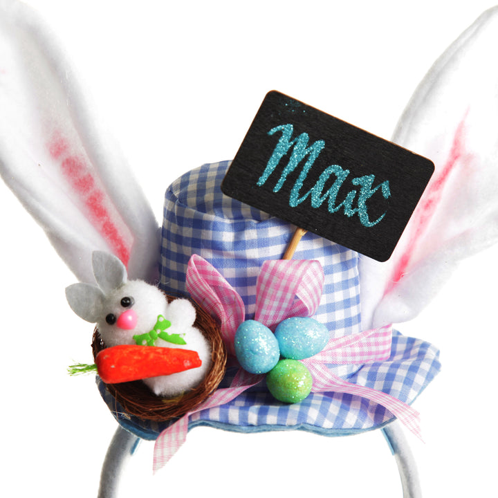 Personalised Bunny Ears Easter Blue Gingham Hat Headband