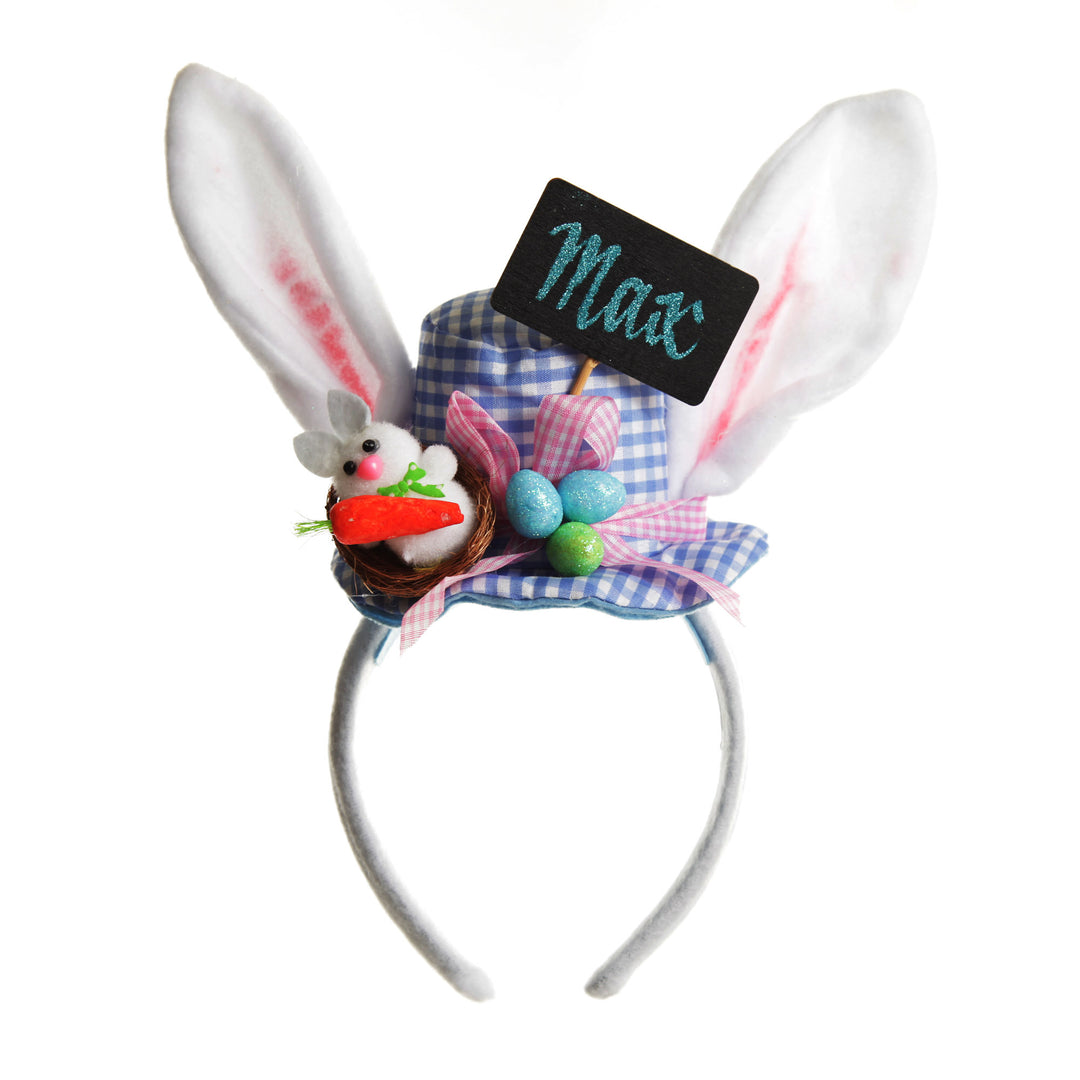 Personalised Bunny Ears Easter Blue Gingham Hat Headband