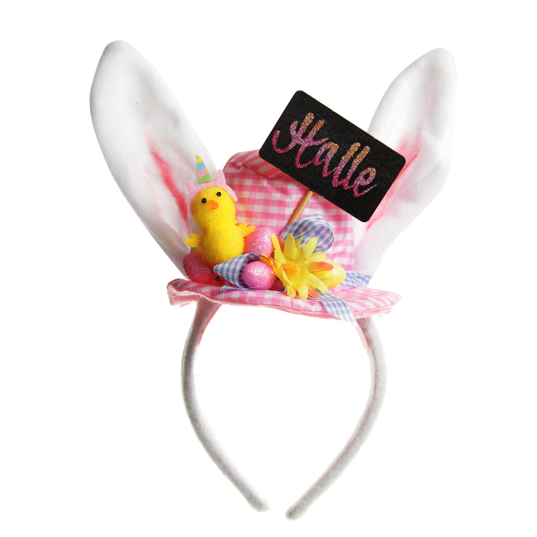 Personalised Bunny Ears Easter Pink Gingham Hat Headband