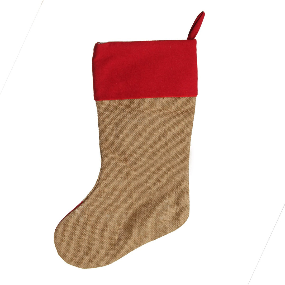 Burlap and Linen Bauble Stocking with Red Trim