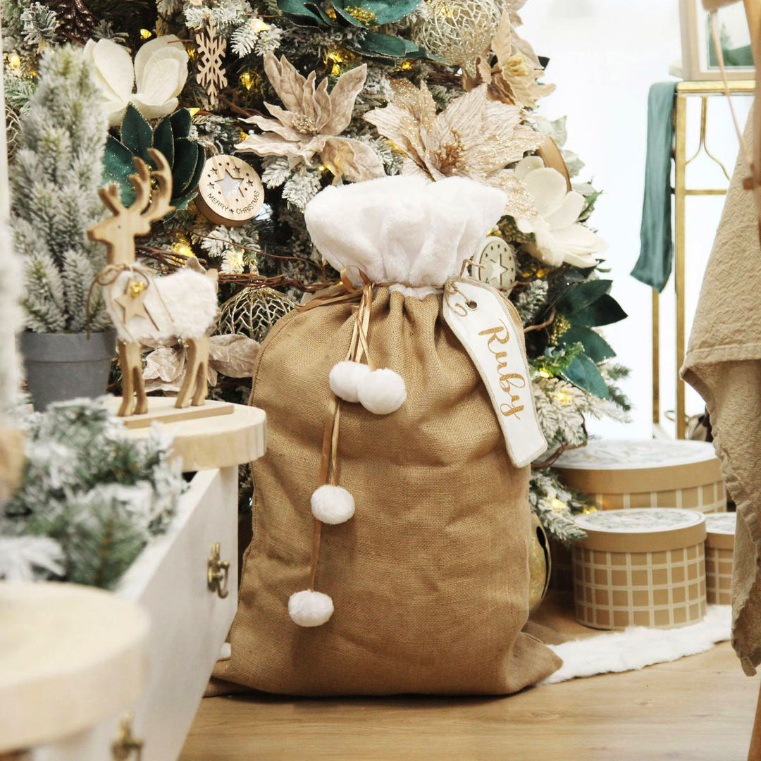 Personalised Burlap and White Fur Santa Sack