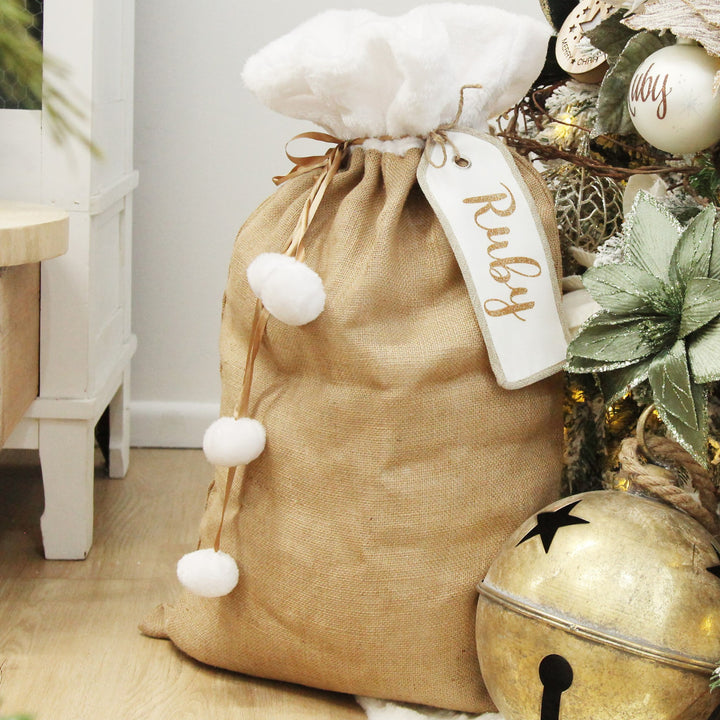 Personalised White Linen Santa Sack Tag with Burlap Piping