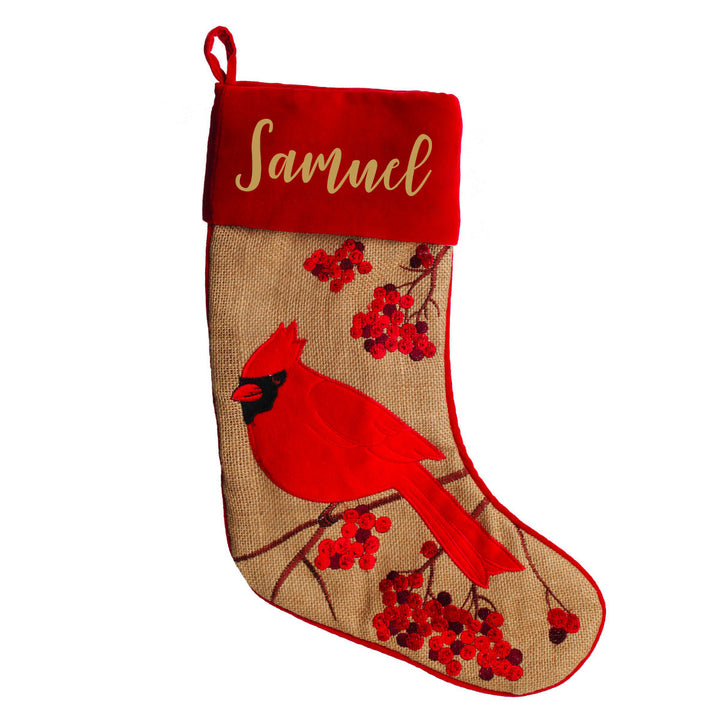 Personalised Burlap Cardinal Bird Christmas Stocking