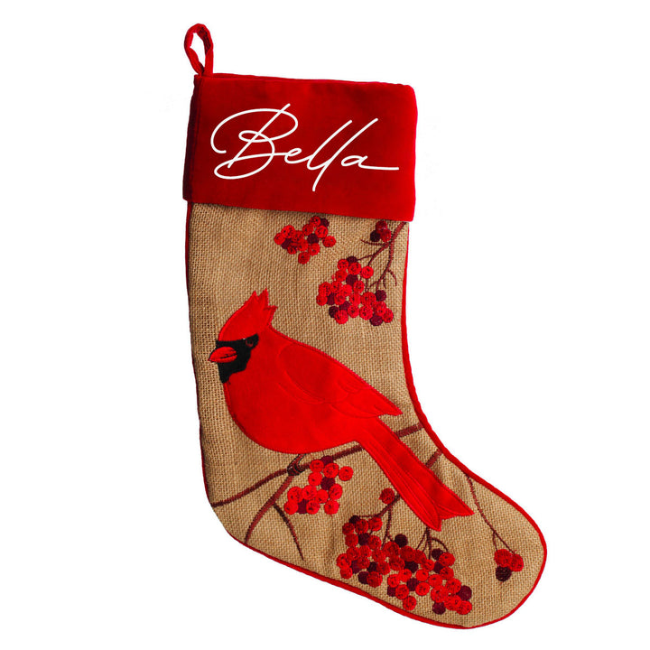 Personalised Burlap Cardinal Bird Christmas Stocking