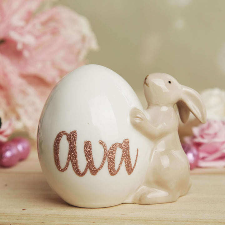 Personalised Ceramic Bunny Holding Egg Ornament