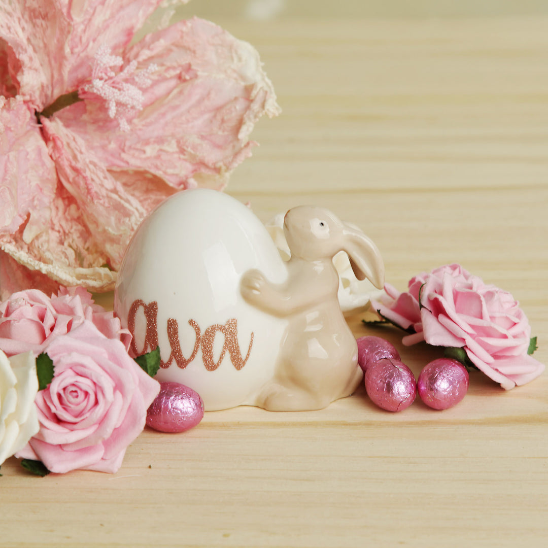 Personalised Ceramic Bunny Holding Egg Ornament
