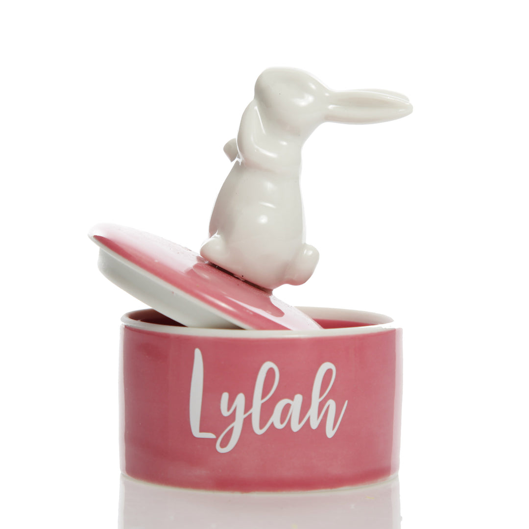 Personalised Ceramic Bunny Trinket Box Lid Function