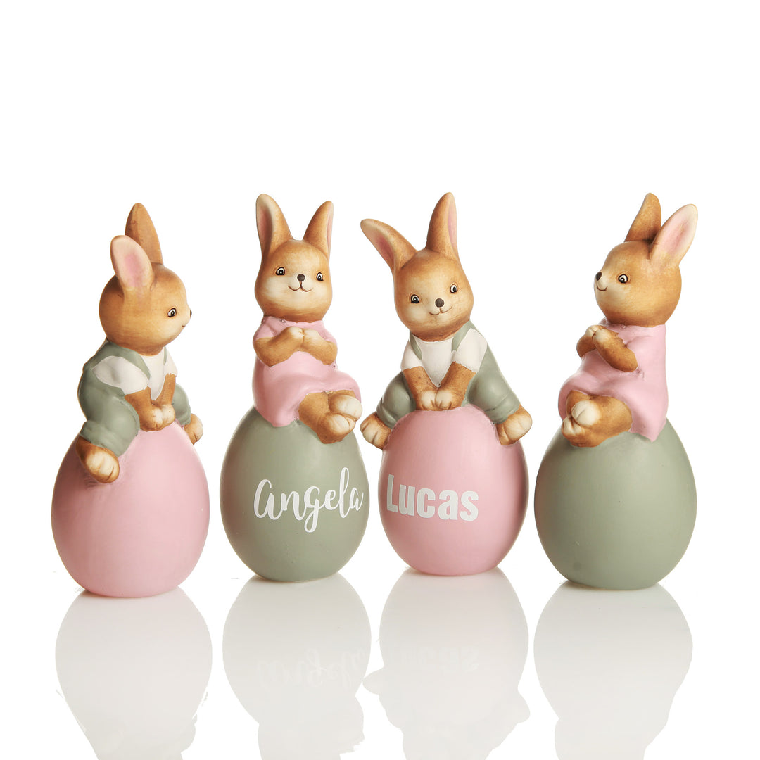 Personalised Cheeky Bunny on Grey Egg with Personalised Playful Bunny on Pink Egg