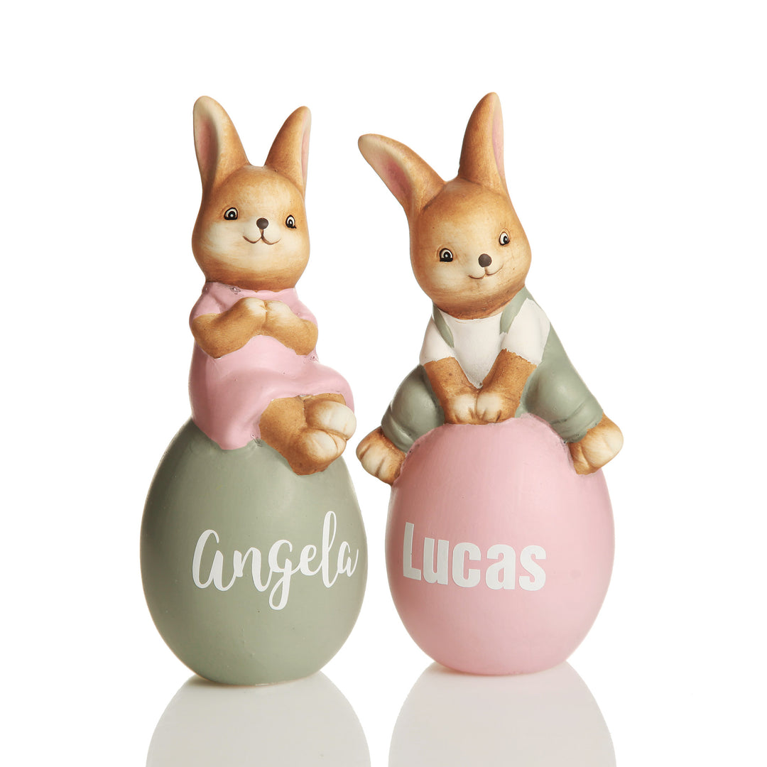 Personalised Cheeky Bunny on Grey Egg with Personalised Playful Bunny on Pink Egg