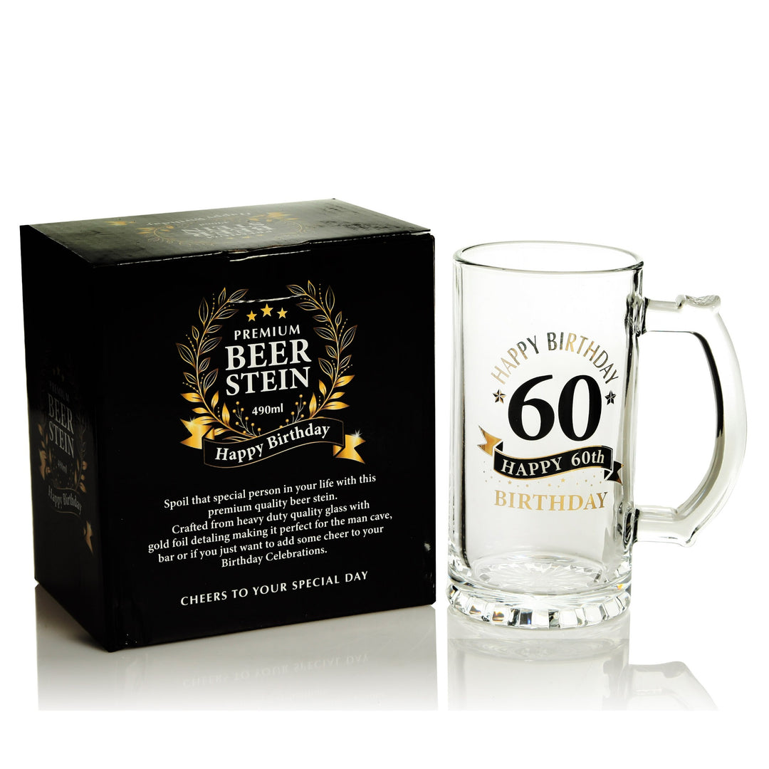 Personalised Classic 60th Happy Birthday Tankard Glass Stein