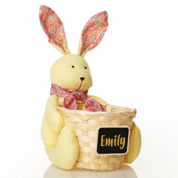 Personalised Woven Easter Basket with Yellow Calico Bunny