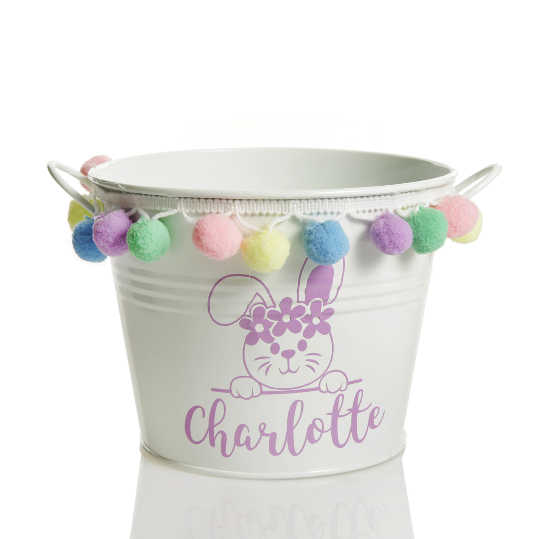 Personalised-Easter-Hamper-Bucket-Bunny-with-Flowers-Pom-Pom-Trim-White