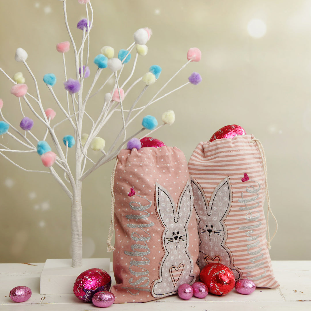 Personalised Easter Pink Striped Bag with Bunny Design Group