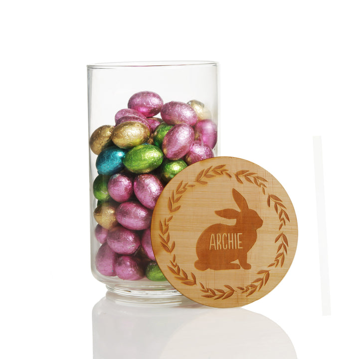 Personalised Easter Treat Jar with Wooden Lid - Bunny Wreath