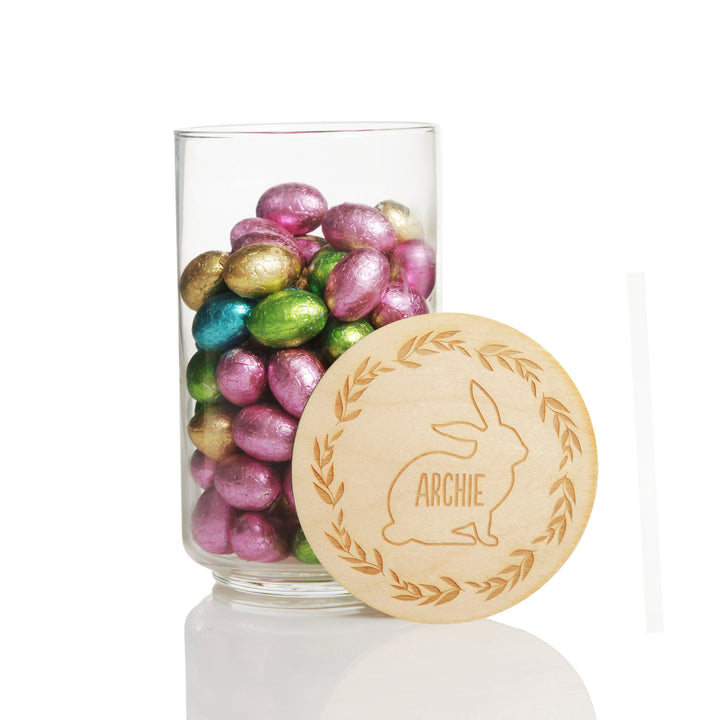 Personalised Easter Treat Jar with Wooden Lid - Bunny Wreath