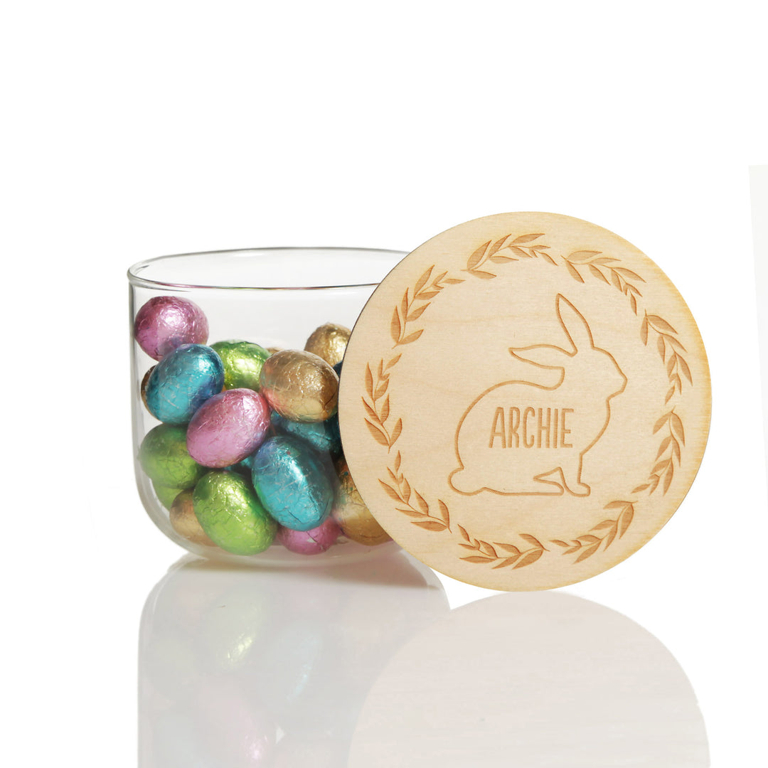 Personalised Easter Treat Jar with Wooden Lid - Bunny Wreath