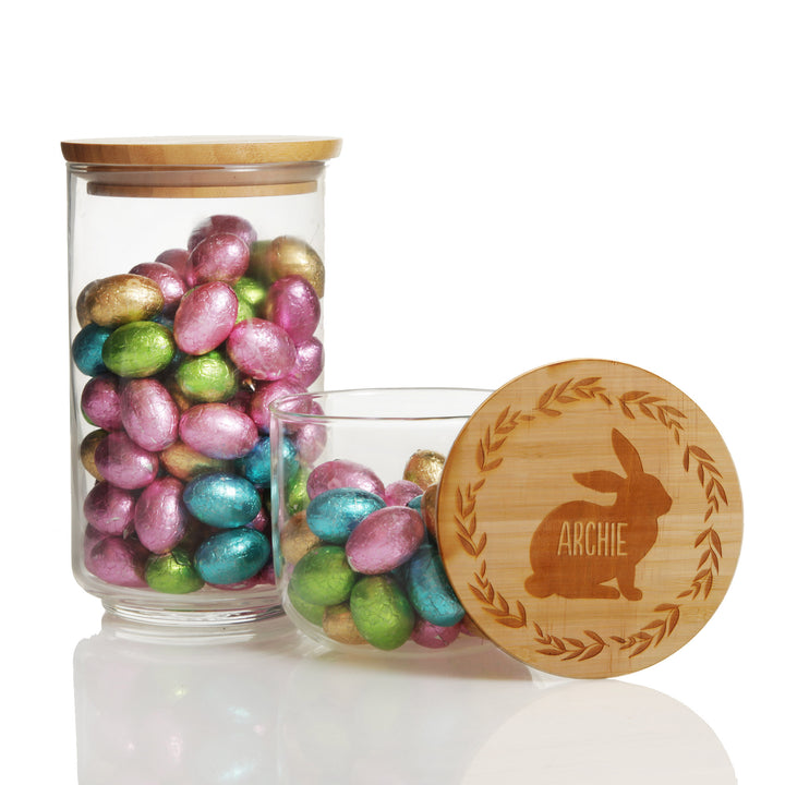 Personalised Easter Treat Jar with Wooden Lid - Bunny Wreath