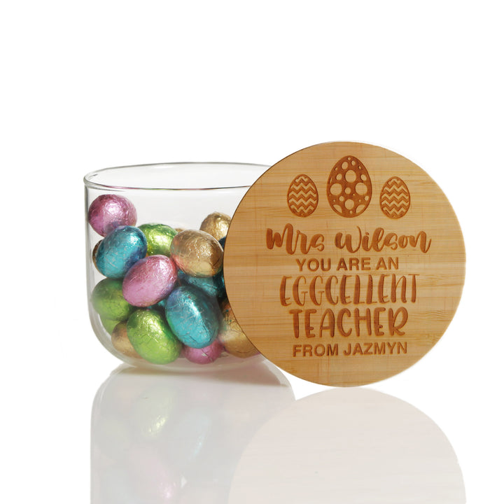 Personalised Easter Treat Jar with Wooden Lid - Eggcellent Teacher