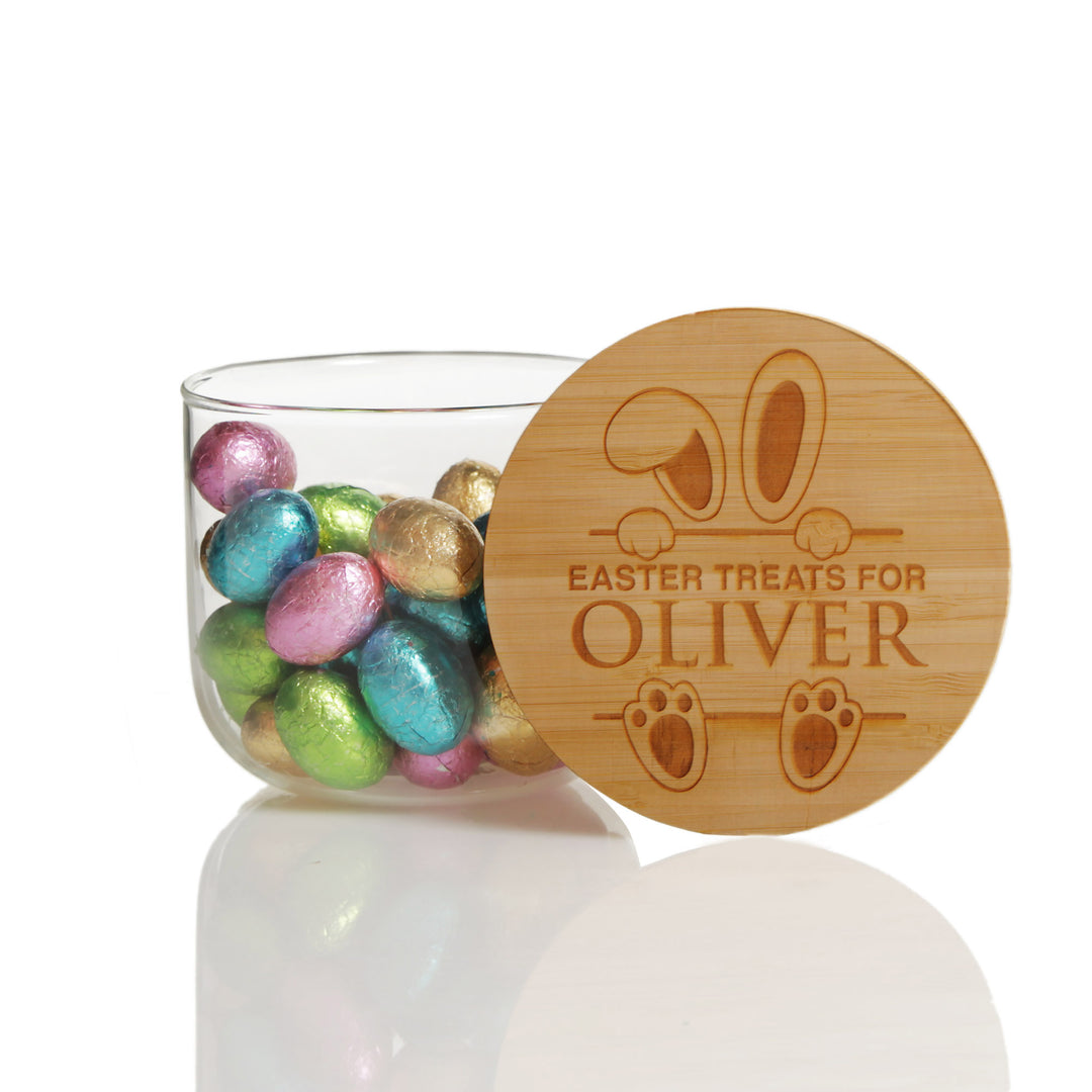 Personalised Easter Treat Jar with Wooden Lid - Hiding Bunny
