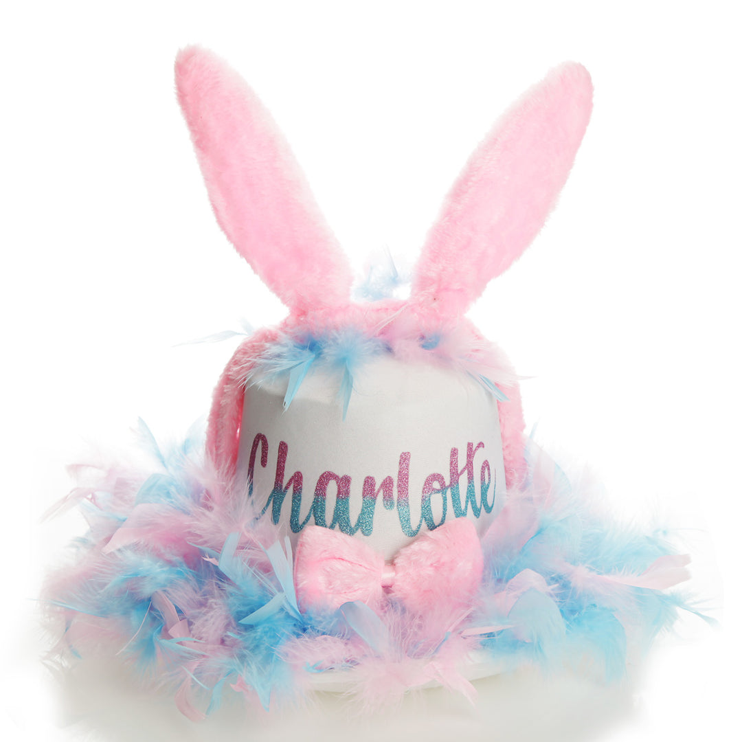Personalised Easter Pink and Blue Feather Bunny Top Hat