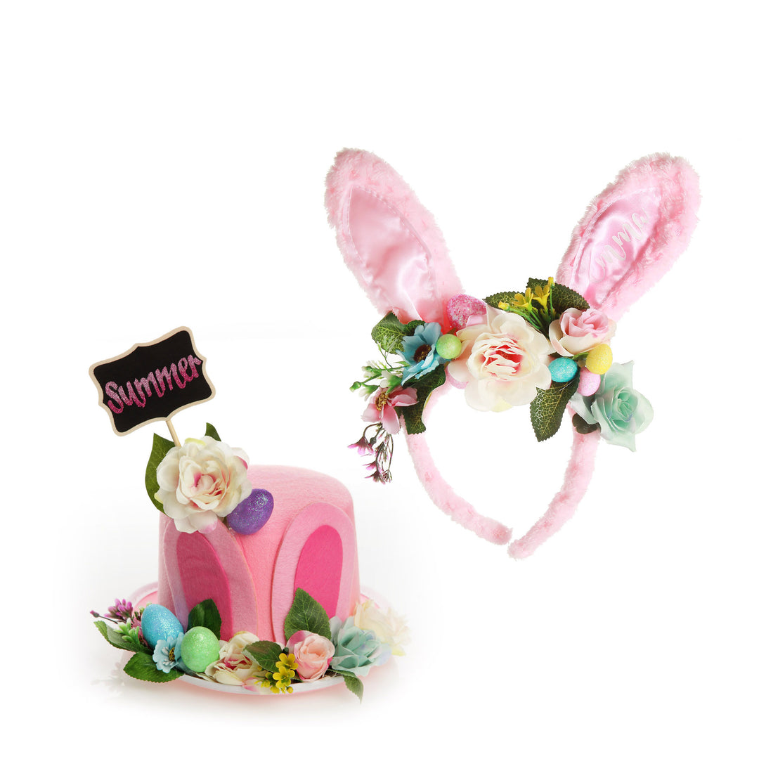 Personalised Easter Hunt Pink Floral Bunny Ears Easter Headband paired with Personalised Pink Felt Floral Garden Easter Hat