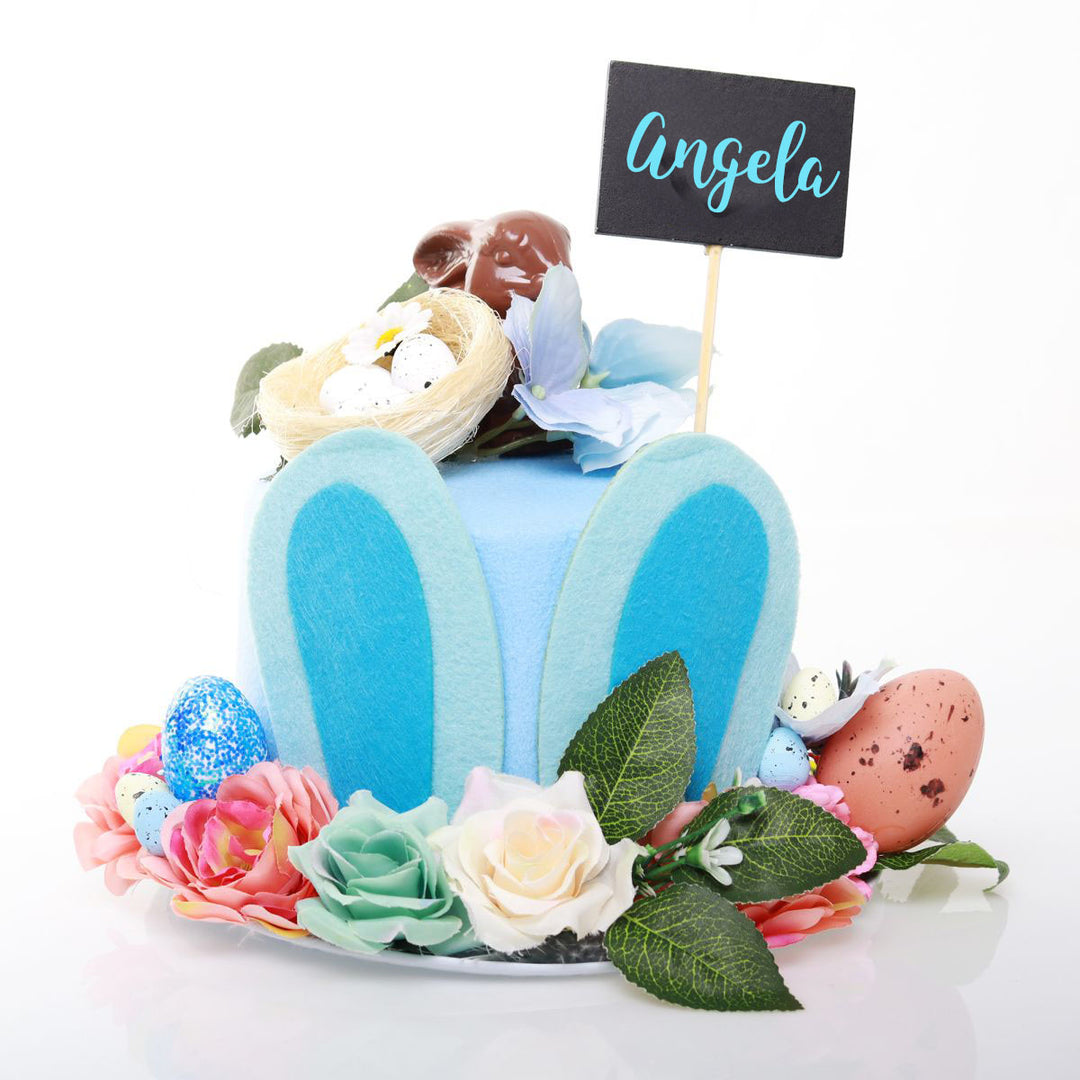 Handmade Felt Floral Garden Easter Hat Blue with Name